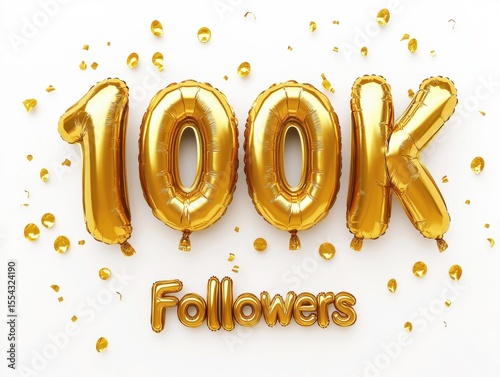 Golden balloons shaped as numbers celebrate reaching 100,000 followers, surrounded by scattered confetti to create a festive atmosphere. This event signifies social media achievement and excitement.