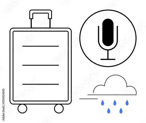 Minimalistic suitcase with wheels, microphone inside a circle, cloud with raindrops in three icons. Ideal for travel, podcasting, weather forecast, communication, tourism, minimal design simple