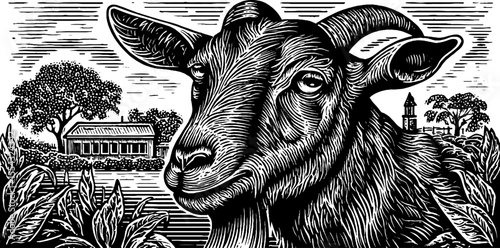 Black and white goat cheese dairy shed woodcut design
