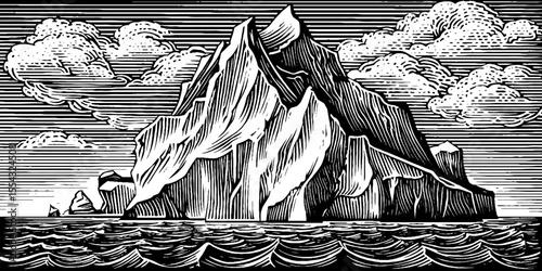 Black and white iceberg field on polar sea in vintage woodcut style