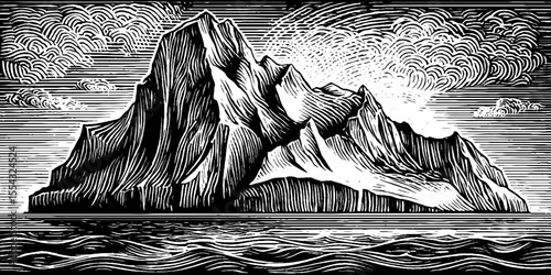 Majestic iceberg field in polar sea hand drawn woodcut illustration