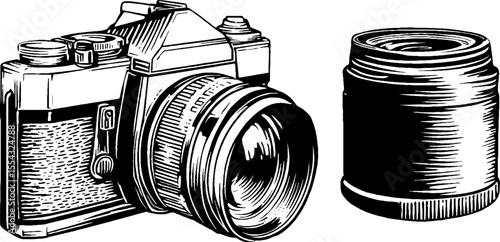 Vintage 35mm film camera set with lens in retro style for design and decor