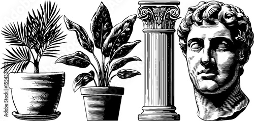 Classic pedestal busts and botanical wall art design for interior decor