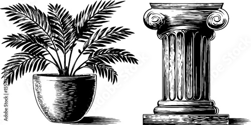 Classical pedestal and lush plant illustration for art and design