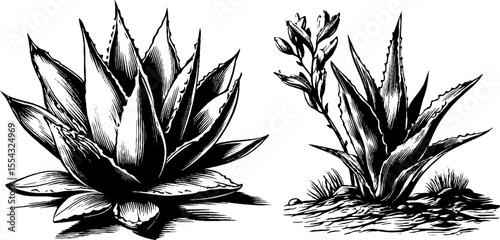 Intricate agave rosette and leaf structure depicted in vintage hand drawn style