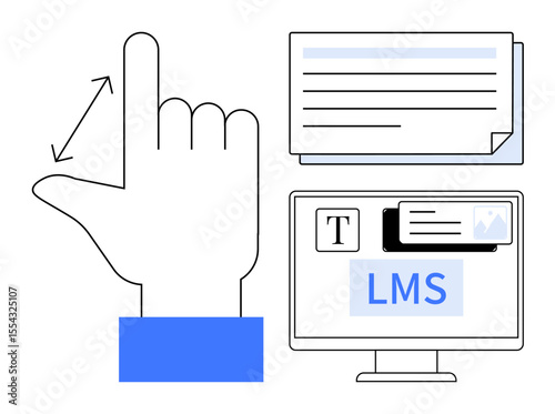 Hand gesture for screen control near online course interface with document stack, texts, and LMS on monitor. Ideal for education, e-learning, technology, interaction, design, accessibility modern