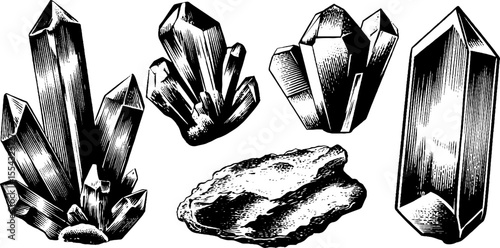 Angular shard and fractured polygon geometric crystals in vintage hand drawn style