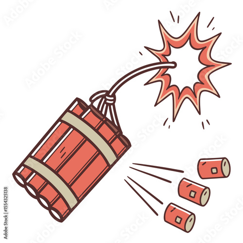 Explosive Dynamite Illustration Cartoon Sticks of Dynamite with Burning Fuse and Explosion