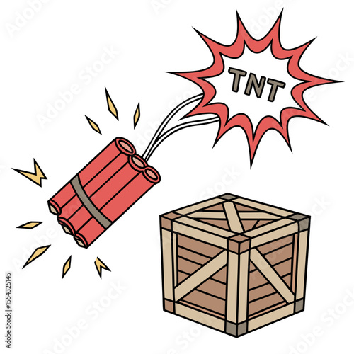 Dynamite Explosion TNT Sticks About to Detonate a Wooden Crate, Cartoon Illustration