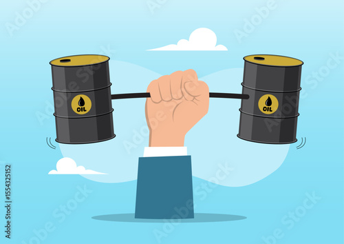 A strong hand lifting a barbell with oil barrels as weights