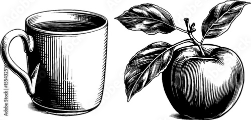 Vintage apple cider mug with cinnamon and orchard theme for culinary design