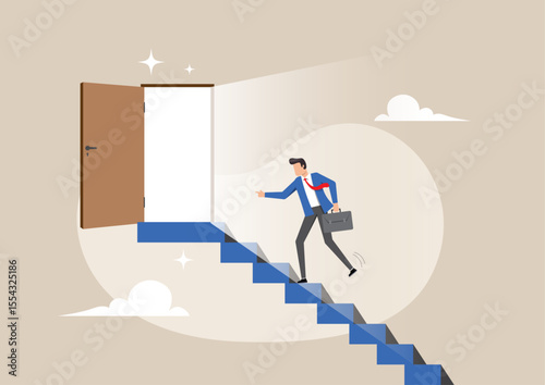 A businessman walking up blue stairs toward an open door