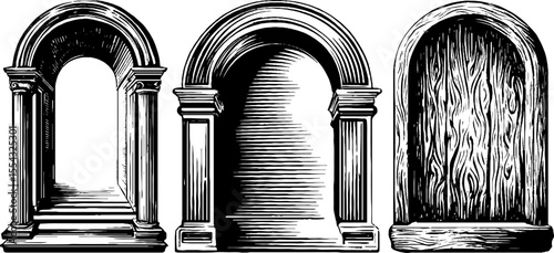 Arched doorways with carved frames in bohemian style for decor and design