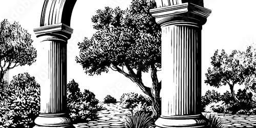 Classical archway with columns and trees in black and white sketch for retro decor