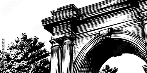 Classical architecture with arched gateway and square column base sketch