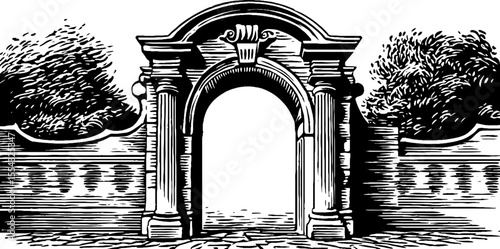Vintage architectural arched gateway with columns for design and decoration