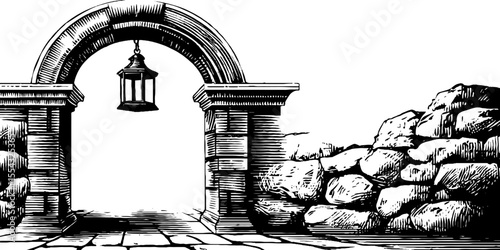 Vintage archway entrance with hanging lantern for retro design