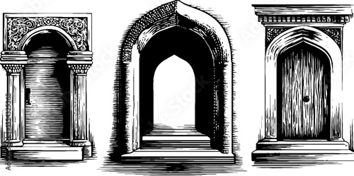 Arched doorway collection with ornate carved frames in bohemian style for artistic design