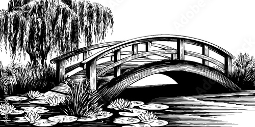 Vintage illustration of arched wooden footbridge and weeping willow for design use