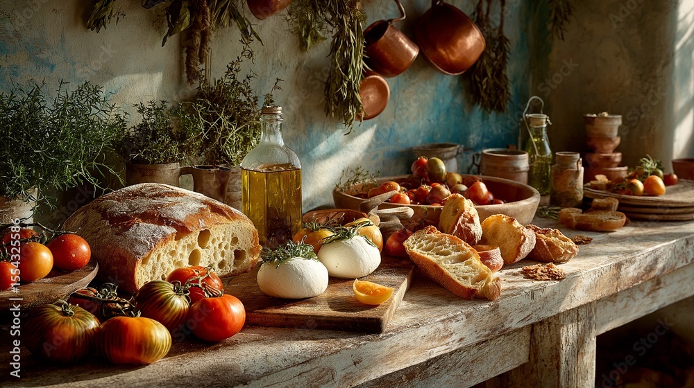 Fototapeta premium Italian Kitchen Table With Fresh Food