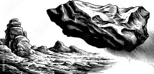 Asteroid fragment and impact crater landscape in vintage style for design projects