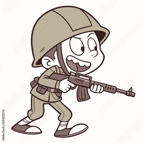 Brave Little Soldier Cartoon Illustration  A Courageous Child in Uniform with Rifle, Ready for Action