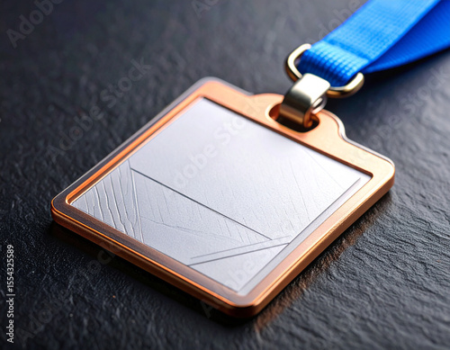 A Golden Emblem of Distinction: A striking close-up of a golden-framed medal with a blue ribbon, resting on a textured surface, capturing the essence of honor and accomplishment. 