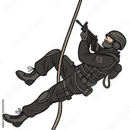 SWAT Team Member Rappelling Down a Rope, Military Operation, Special Forces, Tactical Descent