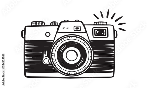 Black and white illustration of a vintage camera with a flash of light