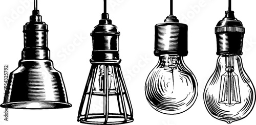 Vintage pendant lamp series with bare bulb and cage shade for interior design