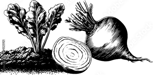 Beetroot with growth rings and soil layers in detailed vintage sketch