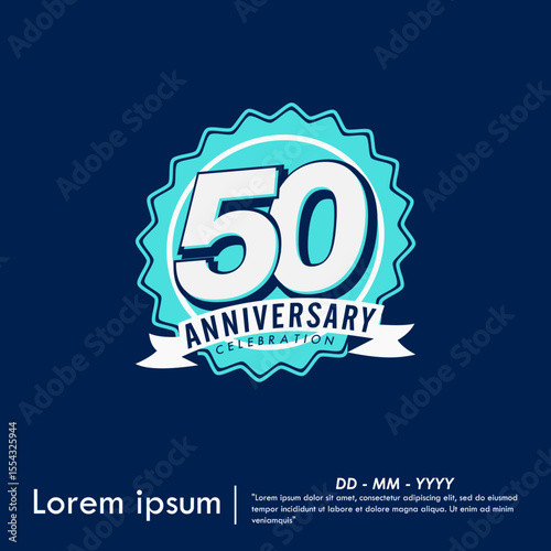 50th years anniversary celebration emblem. congratulation anniversary blue medal logo isolated with ribbon on blue background. vector illustration template design for web banner