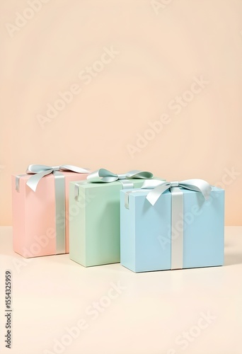 Three Pastel Colored Gift Boxes with Satin Ribbons – Minimalist Celebration Concept

