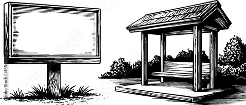 Vintage urban advertising set with billboard and bus shelter sketch for design
