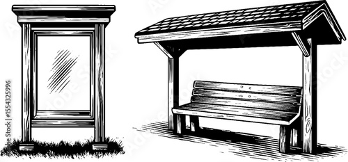 Vintage urban furniture sketch featuring billboard and bus shelter for advertising design
