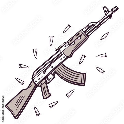 Assault Rifle A Powerful Weapon, Graphic Illustration of Military Firearm, Bullets and Ammunition