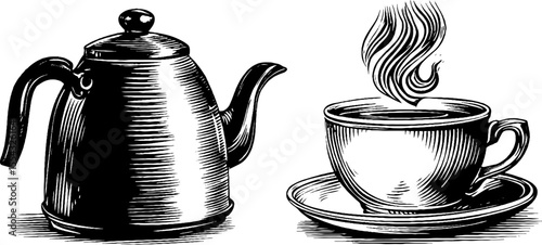 Vintage tea set with boiling kettle and steaming teacup design for retro decor