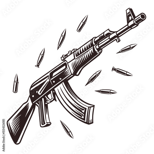 Vintage Assault Rifle Illustration Powerful Weaponry Design, Detailed Weapon Graphics, Military Weaponry Art
