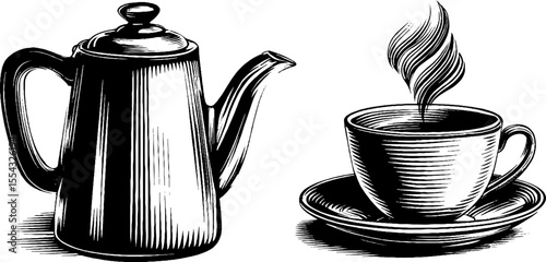 Vintage tea time with boiling kettle and steaming teacup for home decor and design