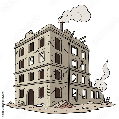 Ruined Building Illustration Post-Apocalyptic Cityscape, Damaged Structure, Destroyed Architecture