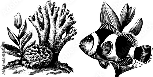 Marine life composition with brain coral mound and sea anemone tentacle for oceanic design