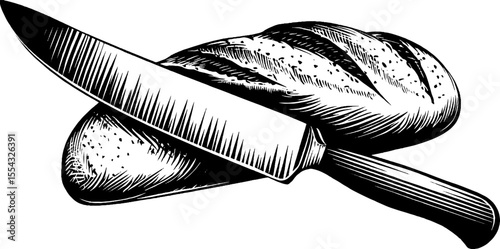 Vintage bread knife and loaf illustration for culinary design
