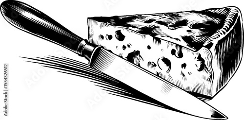 Vintage brie cheese wedge with knife sketch for culinary design