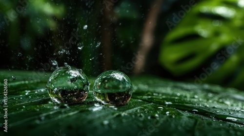 A close-up view of two water droplets resting on a lush green leaf, capturing the essence of nature and highlighting the serenity of a rain-kissed environment.