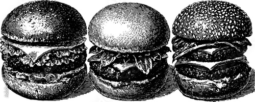 Hand drawn vintage burger layers with sesame bun and lettuce illustration for culinary design