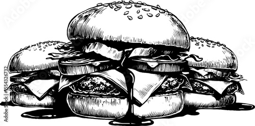 Vintage burger illustration with sesame bun and lettuce for retro design