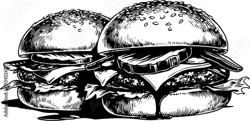 Classic burger set with lettuce and sesame seed buns for menu design