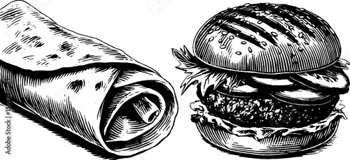 Vintage burger wrap with pickles and grill marks for retro design