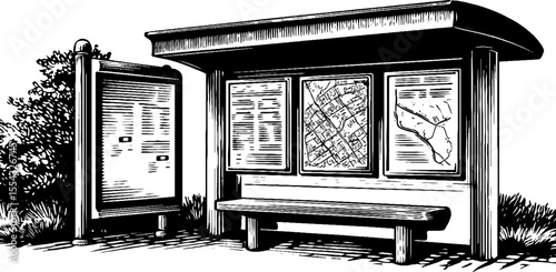 Vintage bus stop sign and route map sketch for travel planning design