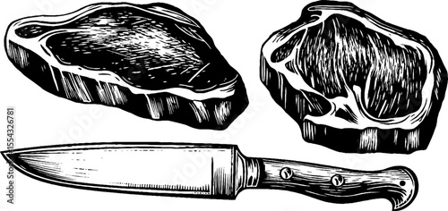Vintage butcher knife with meat cuts for cooking design